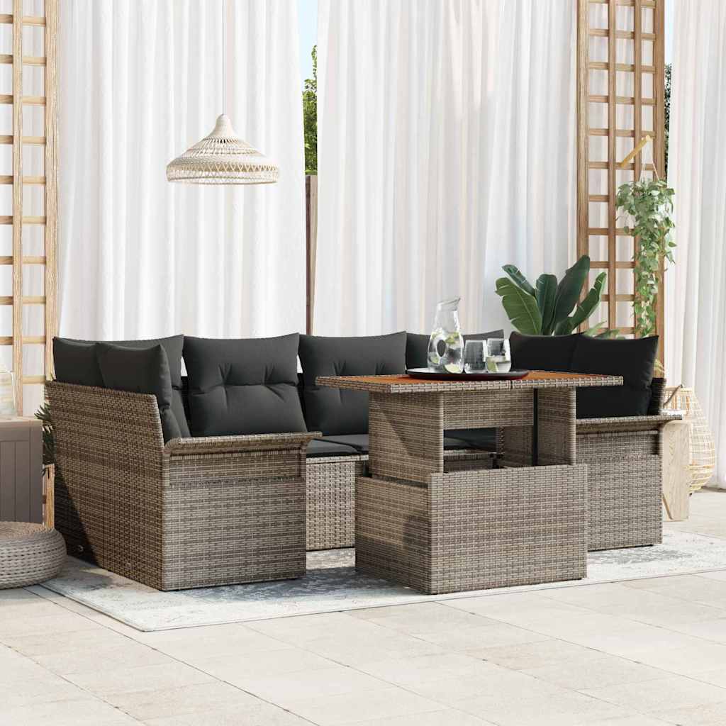 Garten-Sofa-Set mit Speicher 7 pcs Grau Poly Rattan